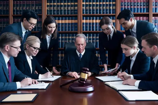 A group of professional attorneys and a judge collaborating in a law office with law books in the background.